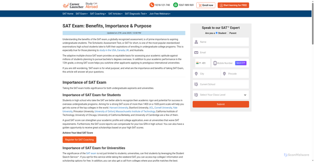 Security scan screenshot of https://www.careerlauncher.com/sat/benefits-purpose-and-importance-of-sat-exam/