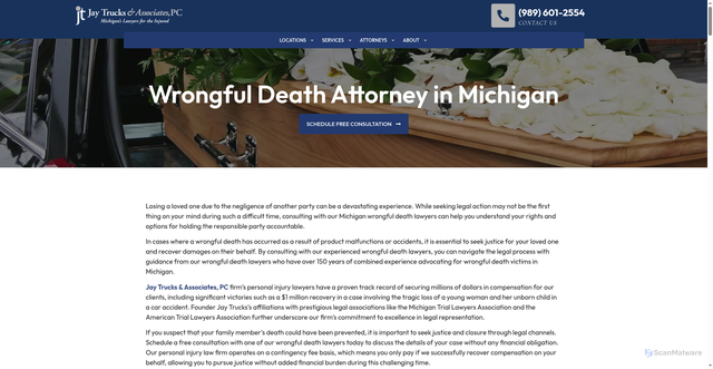 Security scan screenshot of https://www.jtrucks.com/wrongful-death-attorney-in-michigan/