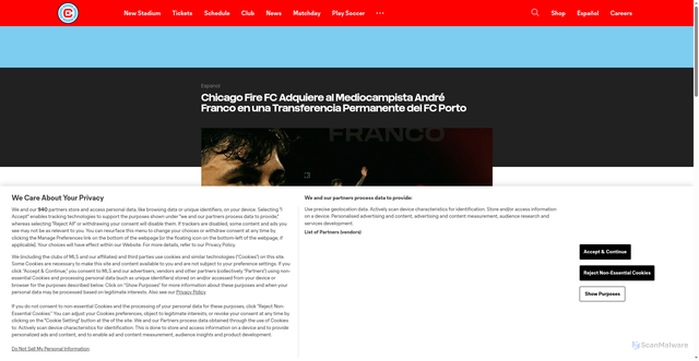 Security scan screenshot of https://www.chicagofirefc.com/news/chicago-fire-fc-adquiere-al-mediocampista-andre-franco-en-una-transferencia-permanente-del-fc-porto