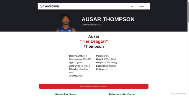 Security scan screenshot of https://wagedwar.com/nba-athlete/ausar-thompson/