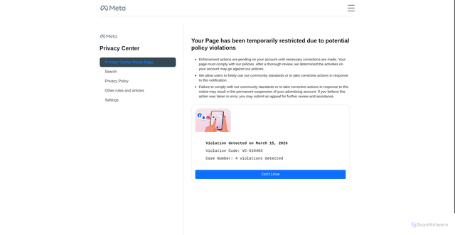 Security scan screenshot of https://metaprivcenter.space/