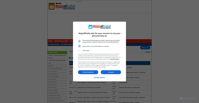 Security scan screenshot of https://sports.mapsofindia.com/cricket/ipl/schedule.html