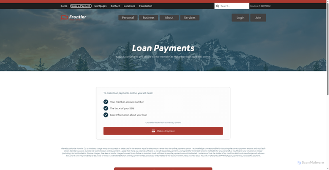 Security scan screenshot of https://frontiercreditunion.com/payment/