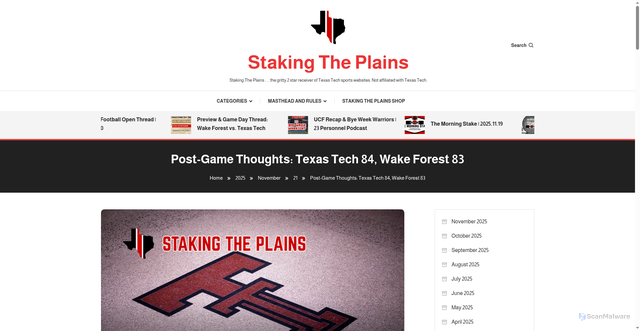 Security scan screenshot of https://www.stakingtheplains.com/2025/11/21/post-game-thoughts-texas-tech-84-wake-forest-83/