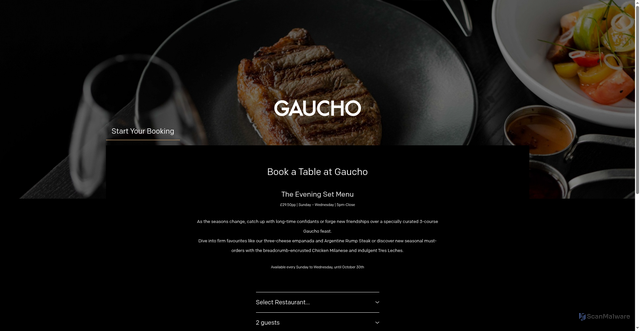 Security scan screenshot of https://booking.gauchorestaurants.com/?utm_medium=email&utm_campaign=3379-Sunday%20Roast