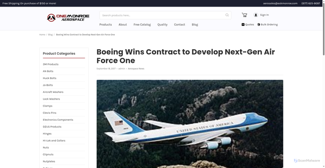 Security scan screenshot of https://monroeaerospace.com/blog/boeing-wins-contract-to-develop-next-gen-air-force-one/?srsltid=AfmBOoqKvzEbnGxnkQTkq-LwbxG9khDvxR7X650fyEVPInKPGIMEQuO8