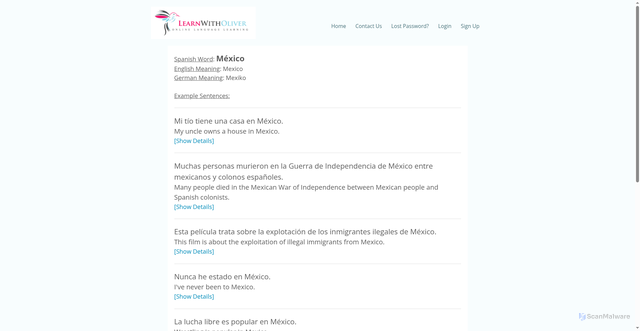Security scan screenshot of https://www.learnwitholiver.com/spanish/translate-word-663-M%C3%A9xico
