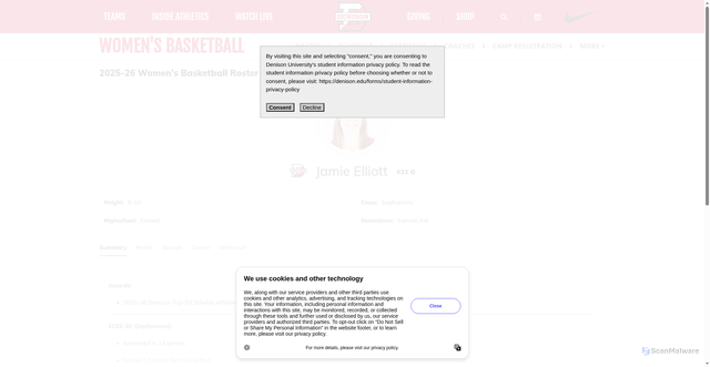 Security scan screenshot of https://denisonbigred.com/sports/womens-basketball/roster/jamie-elliott/11017