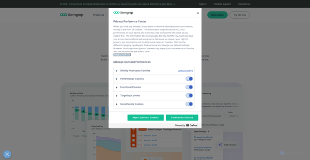 Security scan screenshot of https://semgrep.dev