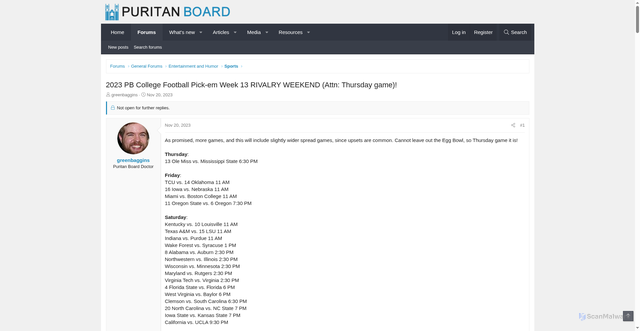 Security scan screenshot of https://puritanboard.com/threads/2023-pb-college-football-pick-em-week-13-rivalry-weekend-attn-thursday-game.112443/