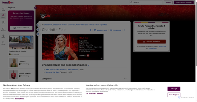 Security scan screenshot of https://wwe2kuniverse.fandom.com/wiki/Charlotte_Flair