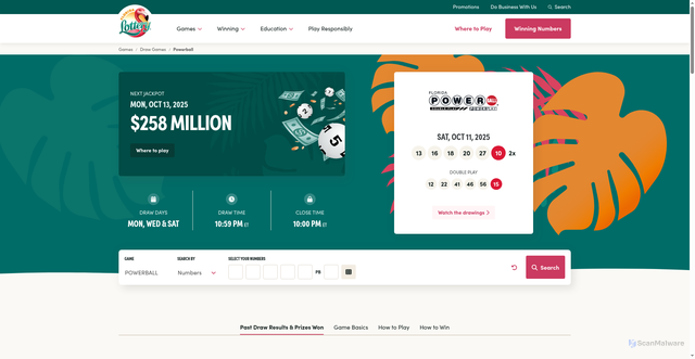 Security scan screenshot of https://floridalottery.com/games/draw-games/powerball
