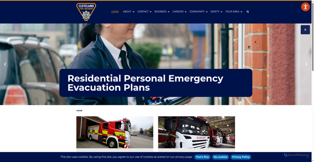 Security scan screenshot of https://www.clevelandfire.gov.uk/?fbclid=IwZXh0bgNhZW0CMTEAc3J0YwZhcHBfaWQMMjU2MjgxMDQwNTU4AAEe8Hd5Y5iZ7kWtOv3soMDY0cvNIAYY3hL9xcfUUPR1mCaeFz6efx8ApBxgkhM_aem_4jMvQ8lTYp9zfo7tV5LeEg