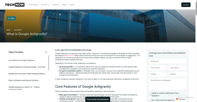 Security scan screenshot of https://tech-now.io/en/blogs/what-is-google-antigravity/