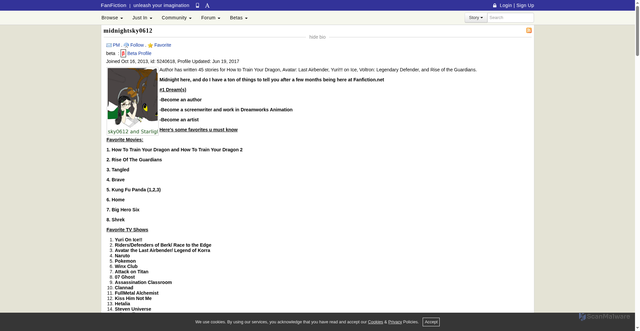 Security scan screenshot of https://www.fanfiction.net/u/5240618/midnightsky0612