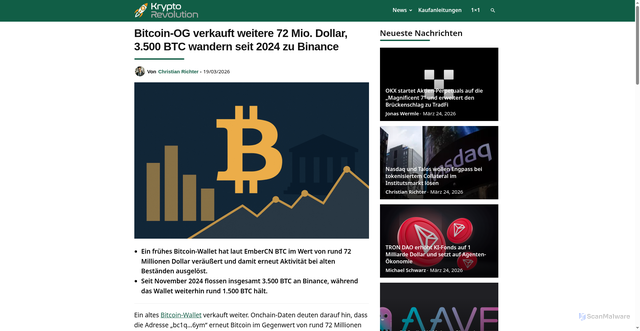 Security scan screenshot of https://kryptorevolution.de/bitcoin-og-verkauft-weitere-72-mio-dollar-3-500-btc-wandern-seit-2024-zu-binance/
