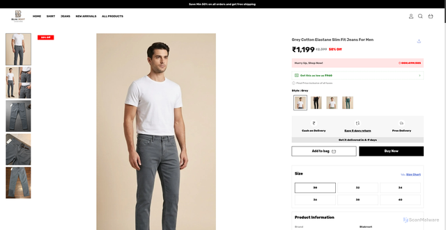 Security scan screenshot of https://blakroot.com/Grey-Cotton-Elastane-Slim-Fit-Jeans-For-Men/catalogue/3tPHgGhL/BGS-fALu
