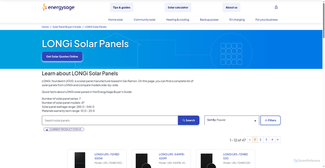 Security scan screenshot of https://www.energysage.com/solar-panels/longi-solar/