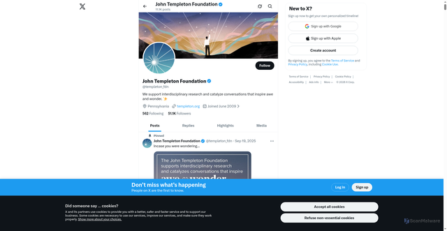 Security scan screenshot of https://x.com/templeton_fdn?utm_source=Receive+News+from+the+John+Templeton+Foundation&utm_campaign=aa3e8562fd-EMAIL_CAMPAIGN_2026_templetonideas_20260204&utm_medium=email&utm_term=0_-42837b4b08-97355777