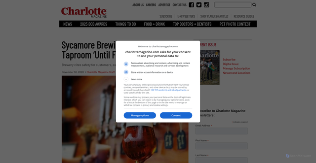 Security scan screenshot of https://www.charlottemagazine.com/sycamore-brewing-voluntarily-closes-taproom-until-further-notice/