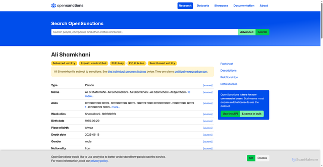 Security scan screenshot of https://www.opensanctions.org/entities/Q1391746/