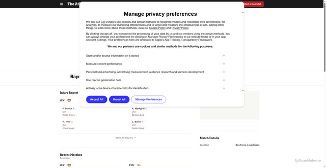 Security scan screenshot of https://www.nytimes.com/athletic/football/game/bayer-leverkusen-vs-union-berlin/d3owSDeprehst9uN/