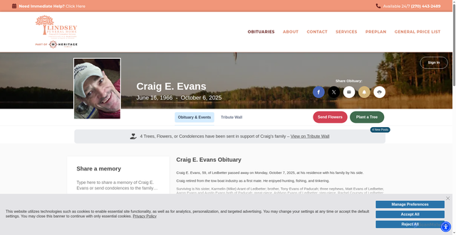 Security scan screenshot of https://www.lindseyfuneral.com/obituaries/Craig-E-Evans?obId=45833466