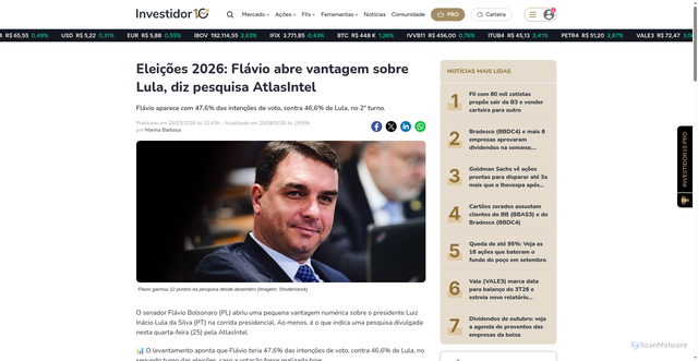 Security scan screenshot of https://investidor10.com.br/noticias/eleicoes-2026-flavio-abre-vantagem-sobre-lula-diz-pesquisa-atlasintel-119432/