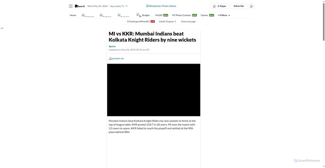 Security scan screenshot of https://qa-www.hindustantimes.com/videos/sports/mi-vs-kkrvideo/video-1zmc4h4cYogcXY7gWpxUhM.html