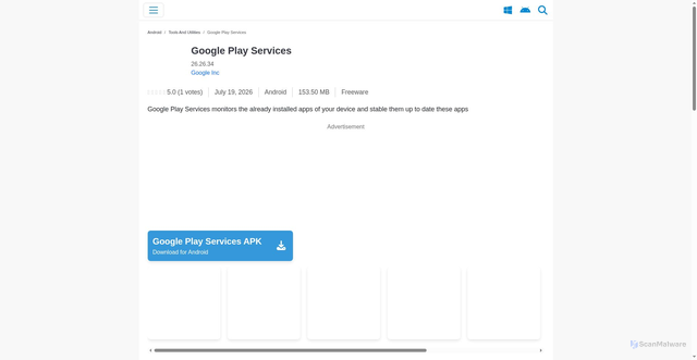Security scan screenshot of https://google-play-services.en.softmany.com/android