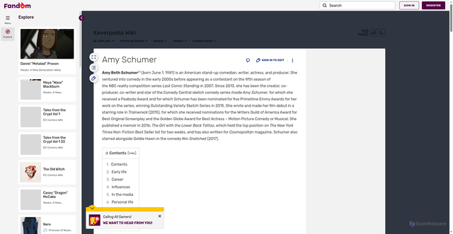 Security scan screenshot of https://keverpedia.fandom.com/wiki/Amy_Schumer