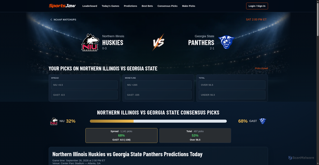 Security scan screenshot of https://sportsjaw.com/picks/ncaaf/9-26-2026/1785080/northern-illinois-huskies-vs-georgia-state-panthers-predictions