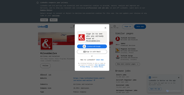 Security scan screenshot of https://www.linkedin.com/company/miles-smiles?utm_source=dengage&utm_medium=email&utm_campaign=Miles&Smiles%20Statement-LAS-CANLI-22062026=&dn_channel=email&dn_send_id=602