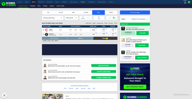 Security scan screenshot of https://www.scoresandodds.com/mlb