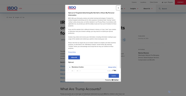 Security scan screenshot of https://www.bdo.com/insights/tax/irs-issues-initial-guidance-on-obbbas-trump-accounts-for-us-children