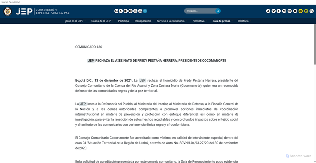 Security scan screenshot of https://www.jep.gov.co/Sala-de-Prensa/Paginas/JEP-rechaza-el-asesinato-de-Fredy-Pesta%C3%B1a-Herrera,-presidente-de-Cocomanorte.aspx