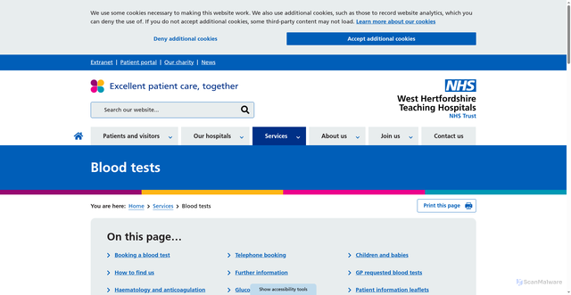 Security scan screenshot of https://www.westhertshospitals.nhs.uk/services/blood-tests