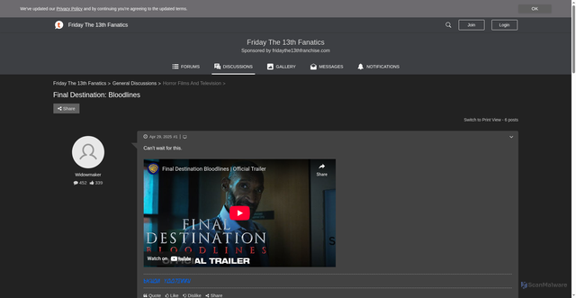 Security scan screenshot of https://fridaythe13thfanatics.com/final-destination-bloodlines-t2557.html