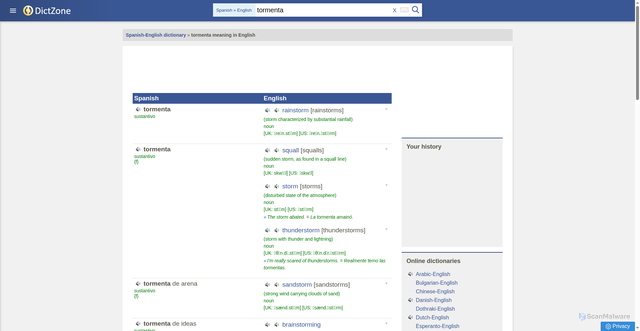 Security scan screenshot of https://dictzone.com/spanish-english-dictionary/tormenta