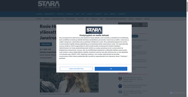 Security scan screenshot of https://www.stara.fi/2025/11/23/rosie-huntington-whiteley-ylaosattomissa-rio-de-janeirossa/