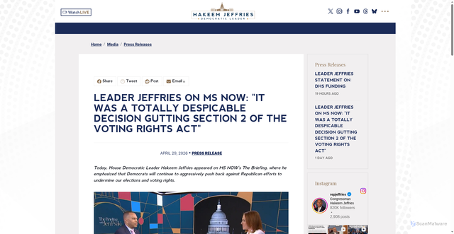 Security scan screenshot of https://democraticleader.house.gov/media/press-releases/leader-jeffries-ms-now-it-was-totally-despicable-decision-gutting-section-2