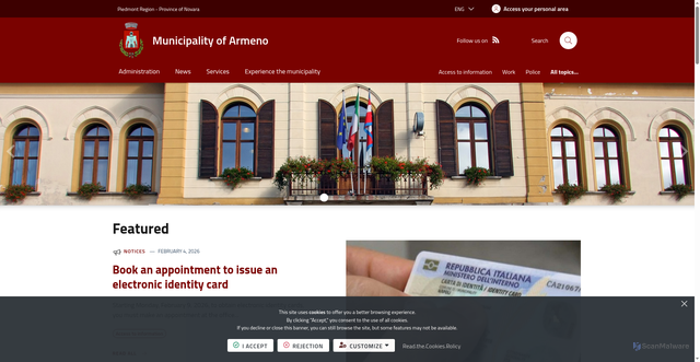 Security scan screenshot of https://www.comune.armeno.no.it