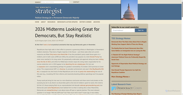 Security scan screenshot of https://thedemocraticstrategist.org/2026/04/2026-midterms-looking-great-for-democrats-but-stay-realistic/