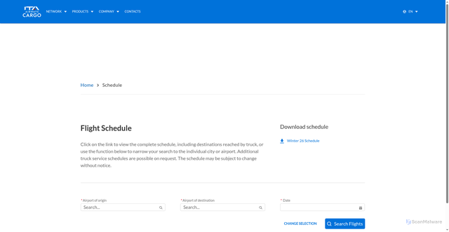 Security scan screenshot of https://www.ita-airways-cargo.com/s/flight-schedules?language=en_US