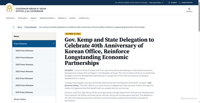 Security scan screenshot of https://gov.georgia.gov/press-releases/2025-10-22/gov-kemp-and-state-delegation-celebrate-40th-anniversary-korean-office