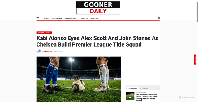 Security scan screenshot of https://goonerdaily.com/2026/07/28/xabi-alonso-eyes-alex-scott-and-john-stones-as-chelsea-build-premier-league-title-squad/
