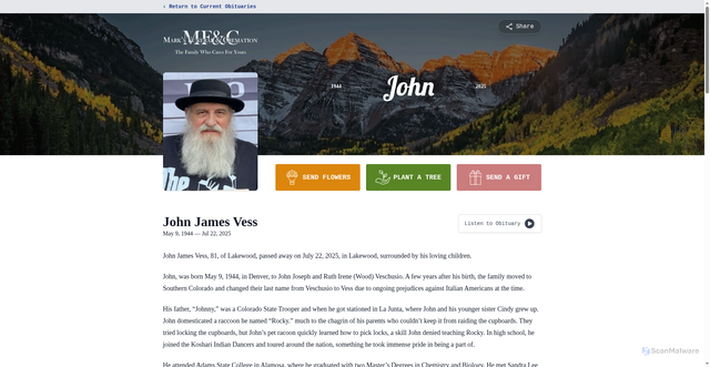Security scan screenshot of https://www.marksfuneralservice.com/obituaries/john-vess