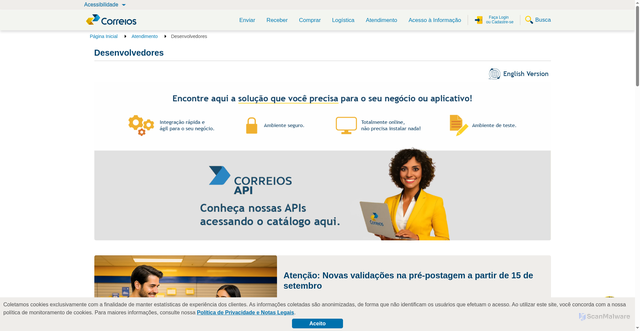 Security scan screenshot of https://www.correios.com.br/atendimento/developers/correios-developers