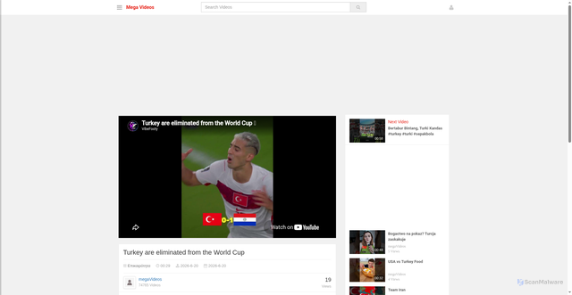 Security scan screenshot of https://www.mega.gr/video/77067/turkey-are-eliminated-from-the-world-cup