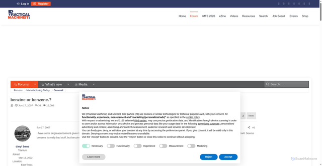 Security scan screenshot of https://www.practicalmachinist.com/forum/threads/benzine-or-benzene.144543/